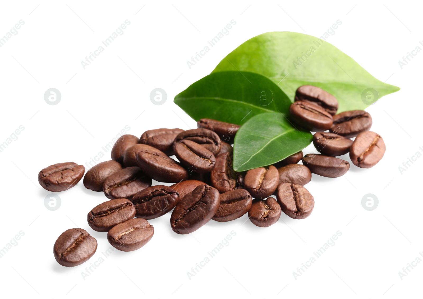 Photo of Roasted coffee beans and leaves isolated on white