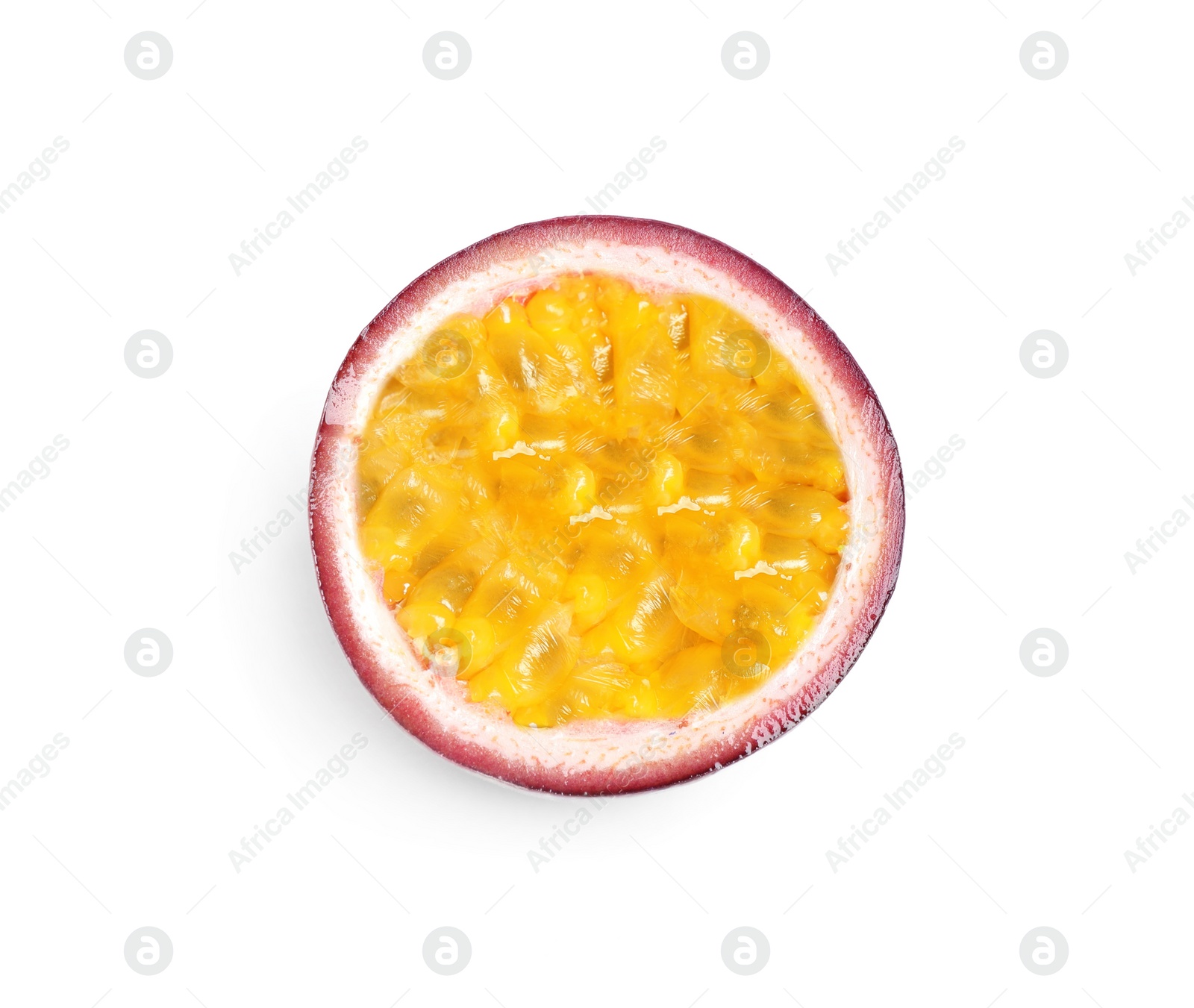 Photo of Half of delicious passion fruit (maracuya) on white background, top view