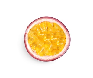 Half of delicious passion fruit (maracuya) on white background, top view