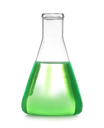 Photo of Glass flask with liquid on white background. Solution chemistry