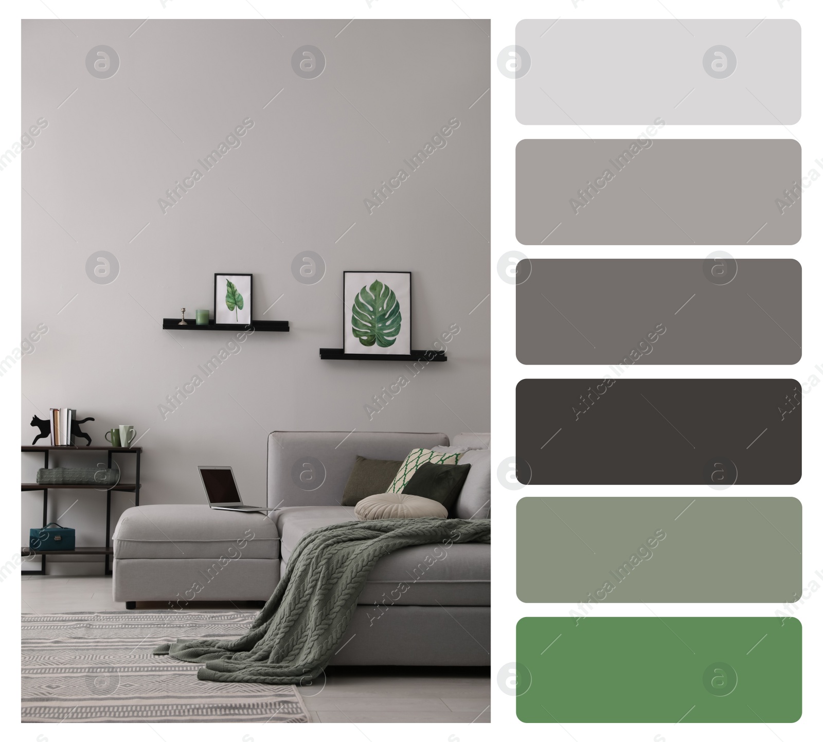 Image of Color palette and photo of stylish living room interior. Collage