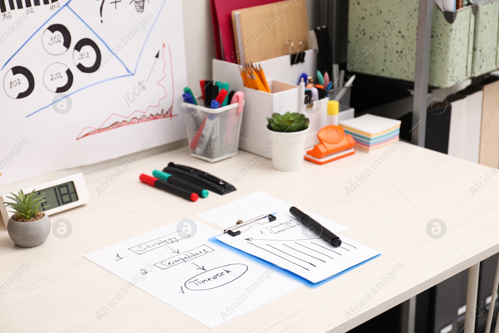 Photo of Business process planning and optimization. Workplace with plan, notebook and stationery on white wooden table