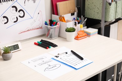 Business process planning and optimization. Workplace with plan, notebook and stationery on white wooden table