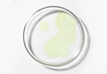 Petri dish with sample on white background, top view