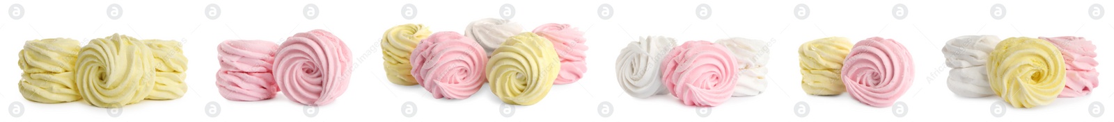 Image of Set with different tasty zephyrs on white background. Banner design 