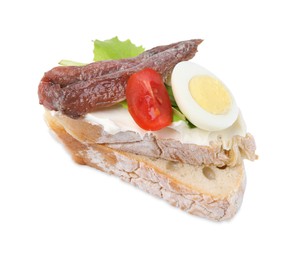 Photo of Delicious bruschettas with anchovies, cream cheese, eggs and tomatoes isolated on white