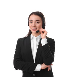 Portrait of receptionist with headset on white background