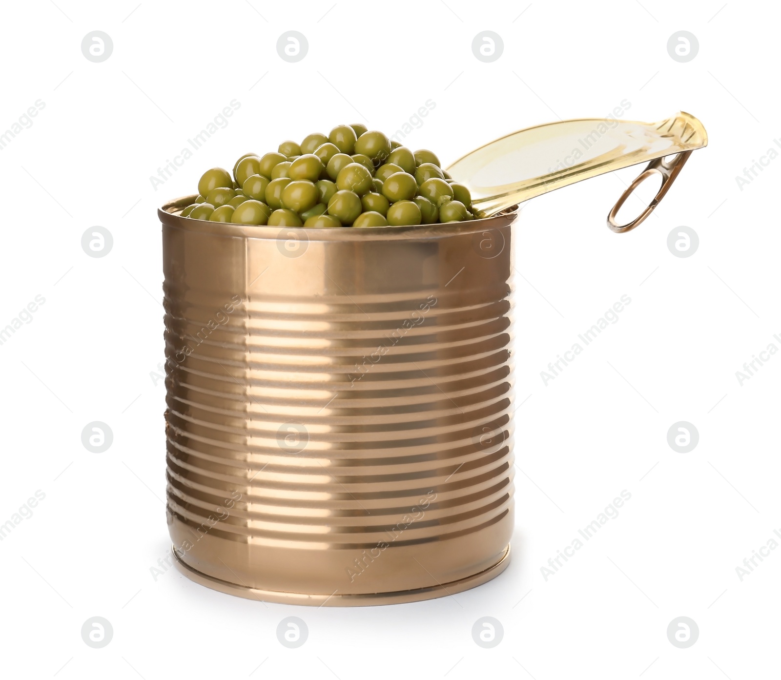 Photo of Tin can with conserved peas on white background