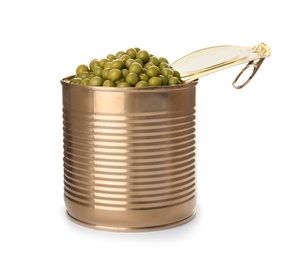 Tin can with conserved peas on white background