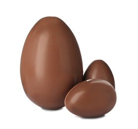 Tasty chocolate Easter eggs on white background