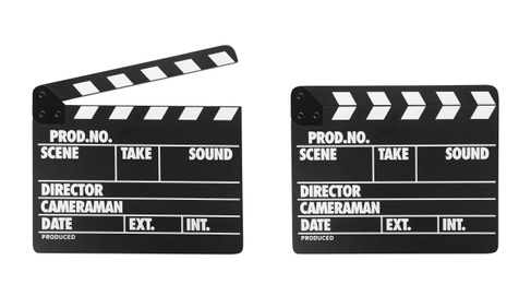 Image of Two clapper boards on white background. Cinema production