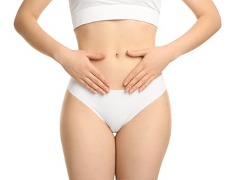 Photo of Gynecology. Woman in underwear on white background, closeup