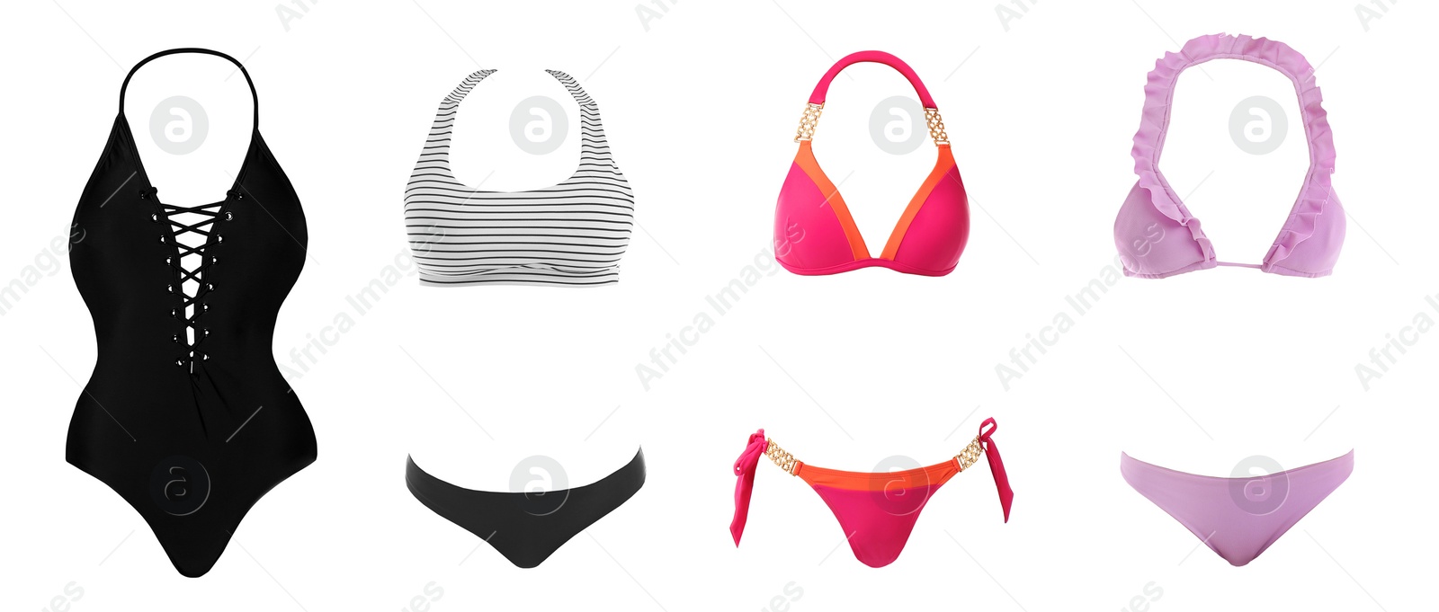 Image of Set of different stylish bikinis on white background 