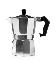 Photo of Modern geyser coffee maker isolated on white. Camping equipment