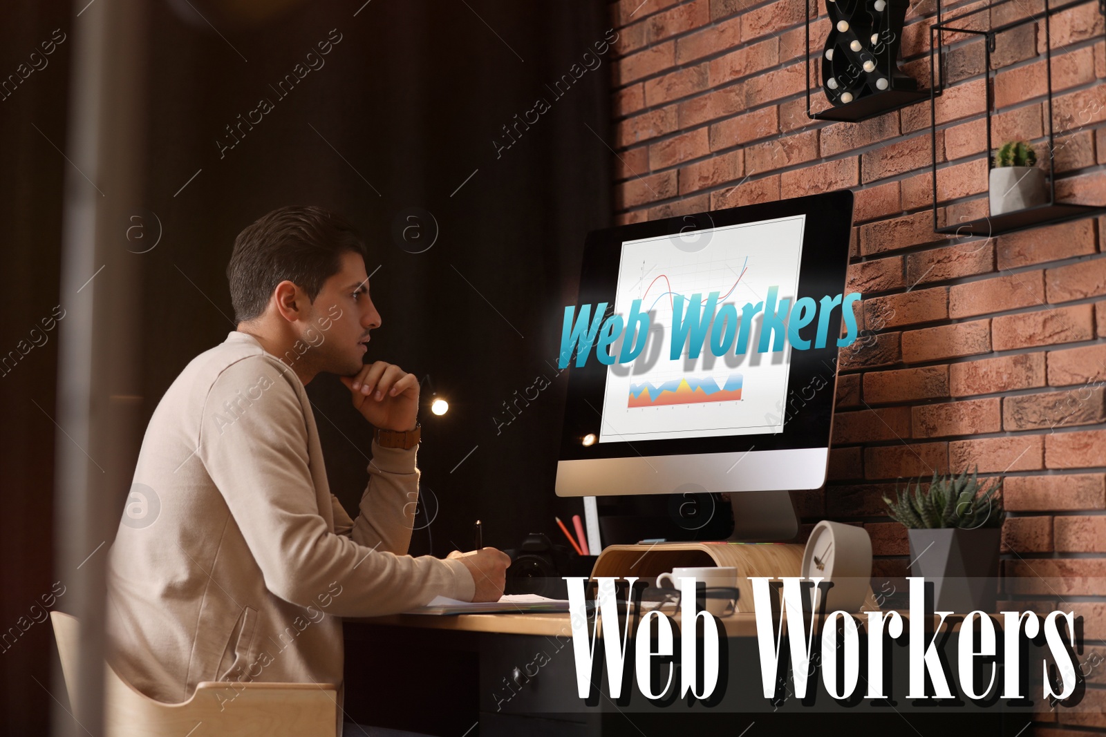 Image of Man working with modern computer in office. Web workers