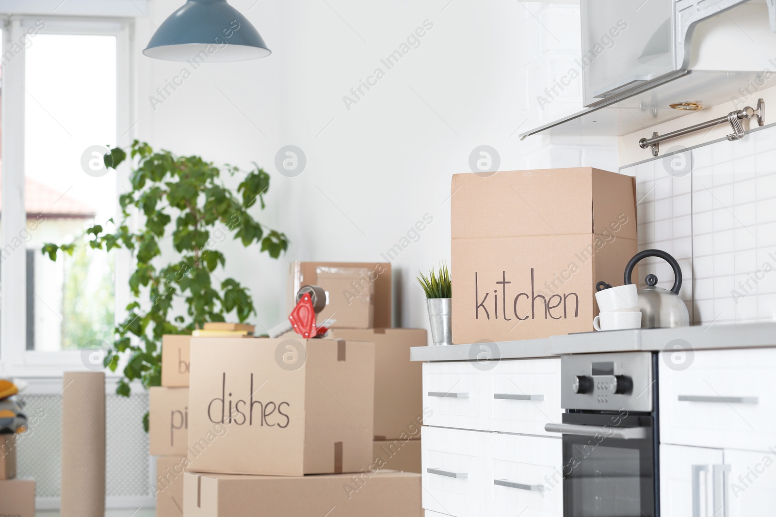 Photo of Cardboard boxes and household stuff in kitchen. Moving day