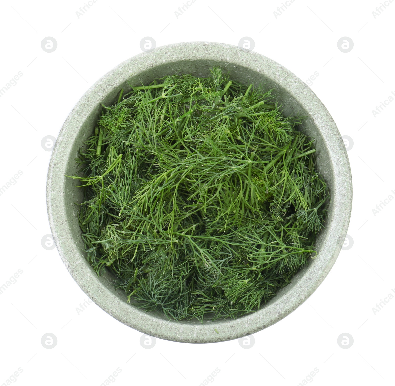 Photo of Bowl of fresh dill isolated on white, top view