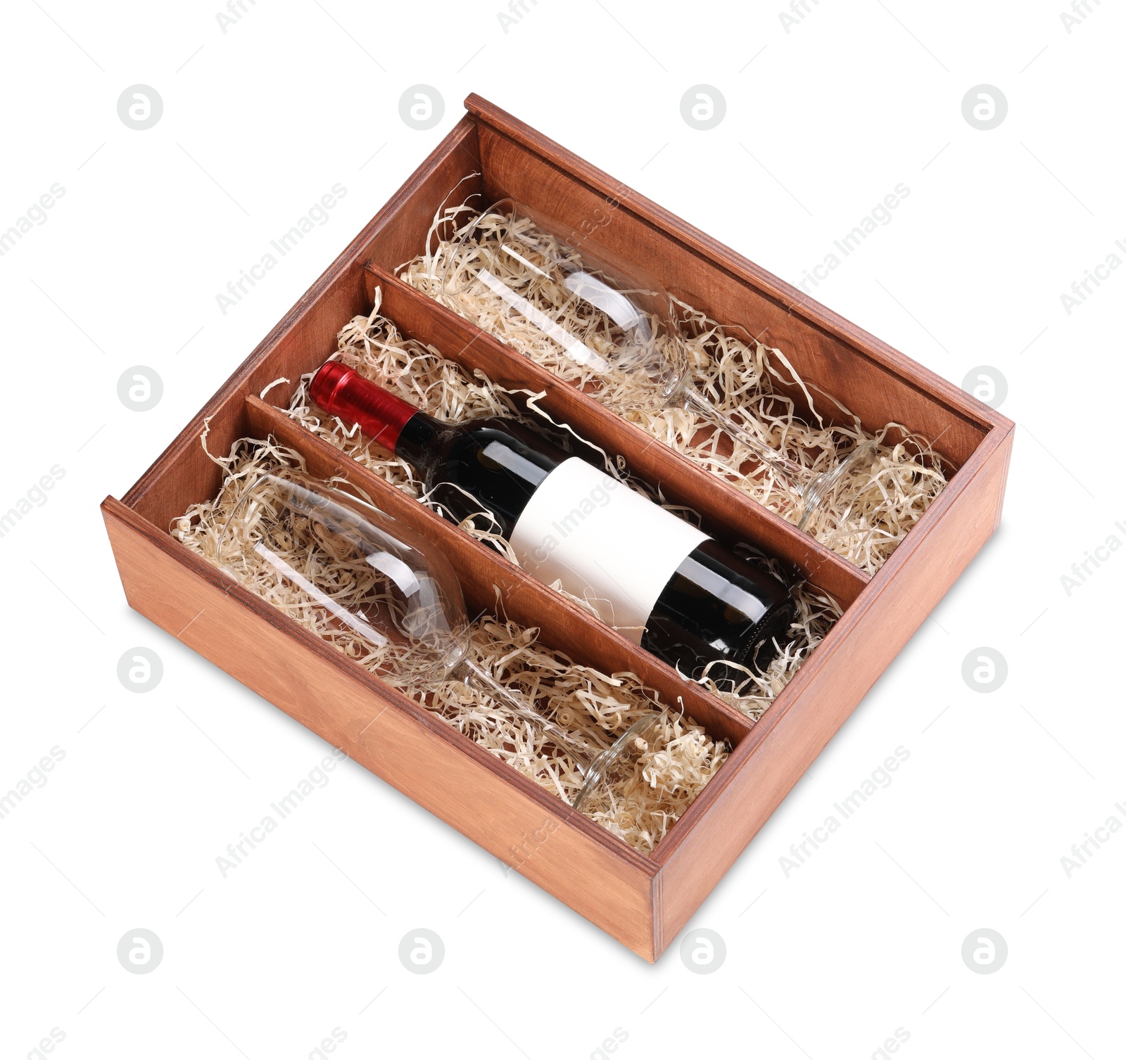 Photo of Wooden gift box, wine and glasses isolated on white, above view