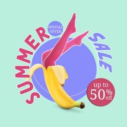 Image of Hot summer sale flyer design. Banana woman in pink tights and text on colorful background