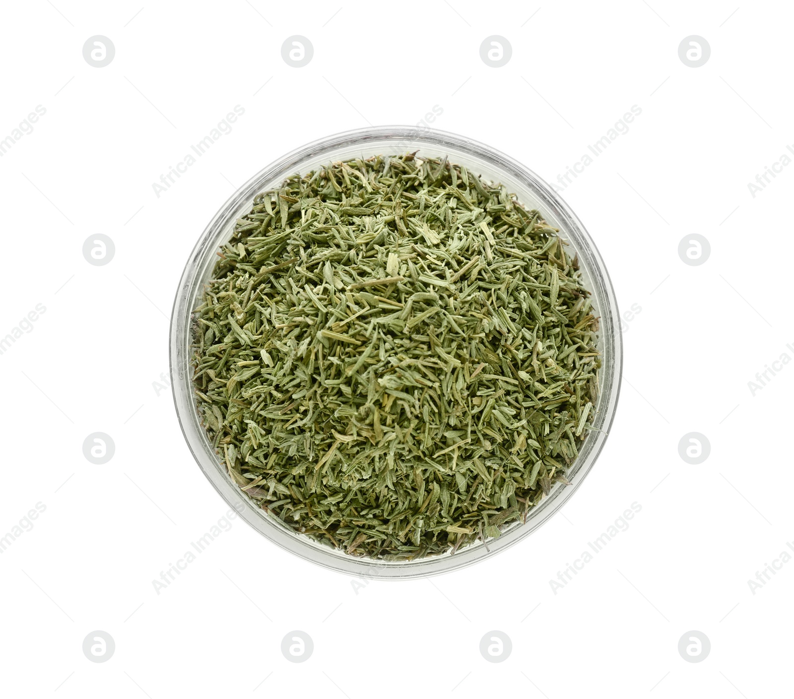 Photo of Bowl of dried thyme isolated on white, top view