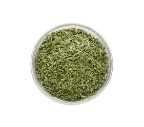 Bowl of dried thyme isolated on white, top view