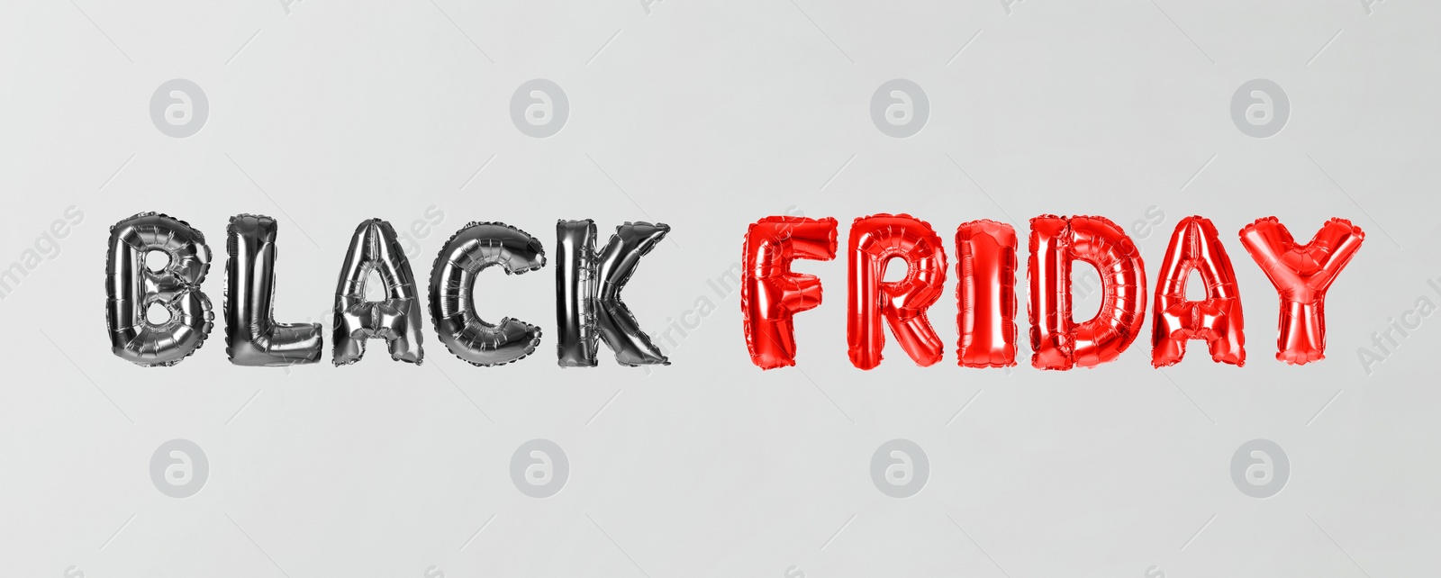 Image of Phrase BLACK FRIDAY made of foil balloon letters on white background. Banner design