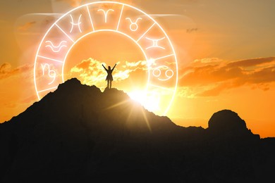 Image of Zodiac wheel and photo of woman in mountains at sunset