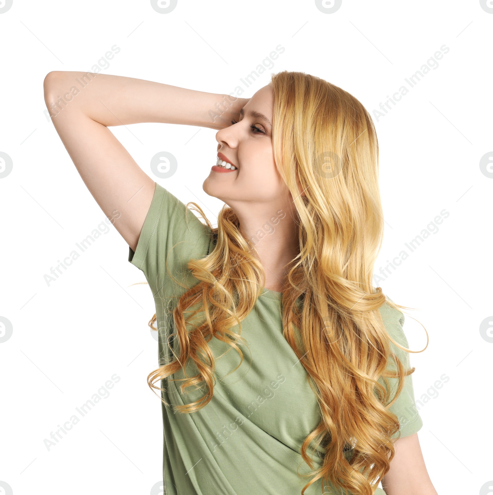 Photo of Portrait of beautiful young woman with dyed long hair on white background