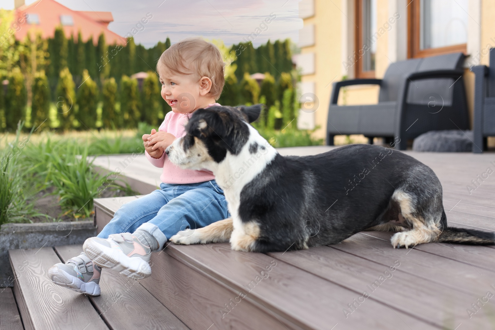 Photo of Adorable baby and furry little dog on wooden porch outdoors