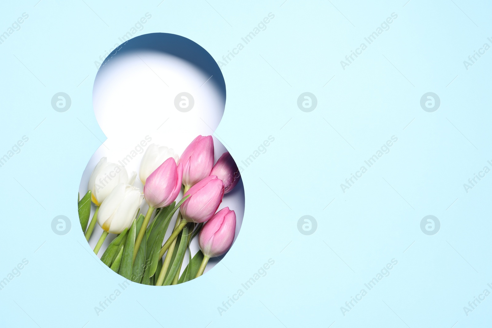 Photo of 8 March greeting card design with tulips and space for text, top view. Happy International Women's Day