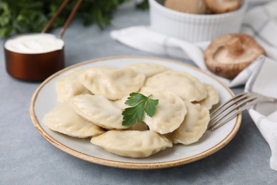 Photo of Delicious dumplings (varenyky) with tasty filling and parsley served on light grey table, closeup