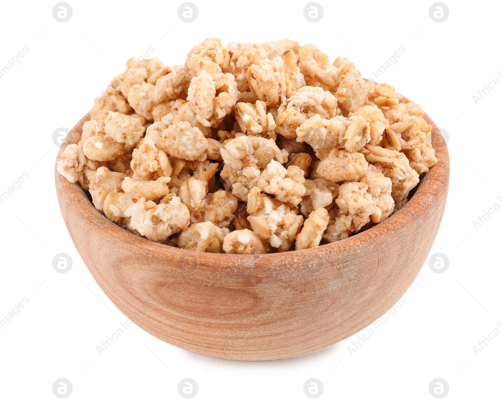 Image of Tasty crispy granola in wooden bowl isolated on white