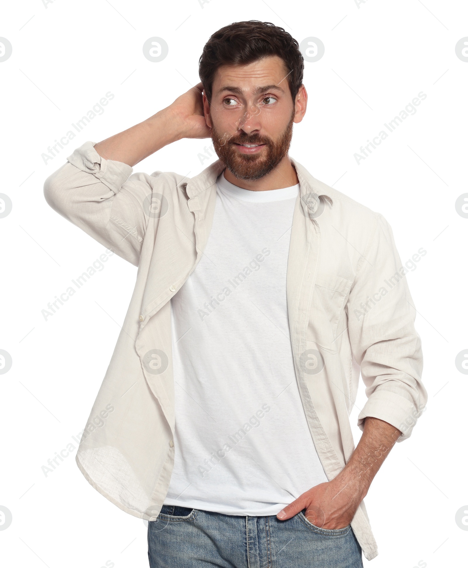 Photo of Portrait of handsome bearded man on white background