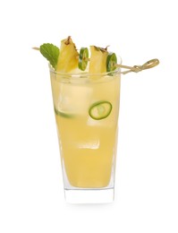 Photo of Glass of tasty pineapple cocktail with sliced fruit, mint and chili pepper isolated on white
