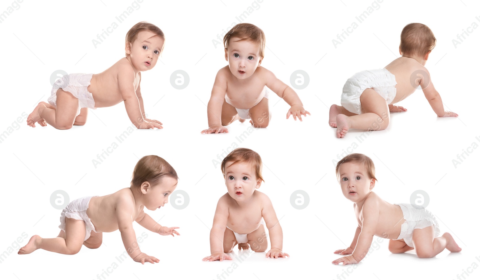 Image of Collage with photos of cute little baby in diaper on white background 