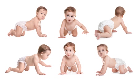 Collage with photos of cute little baby in diaper on white background 