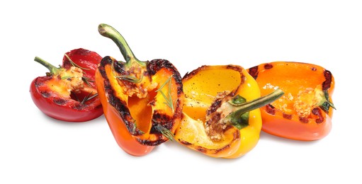Tasty grilled bell peppers and rosemary isolated on white