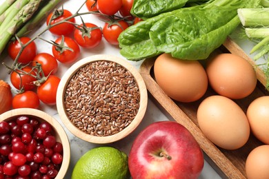 Many different healthy food on light table, flat lay