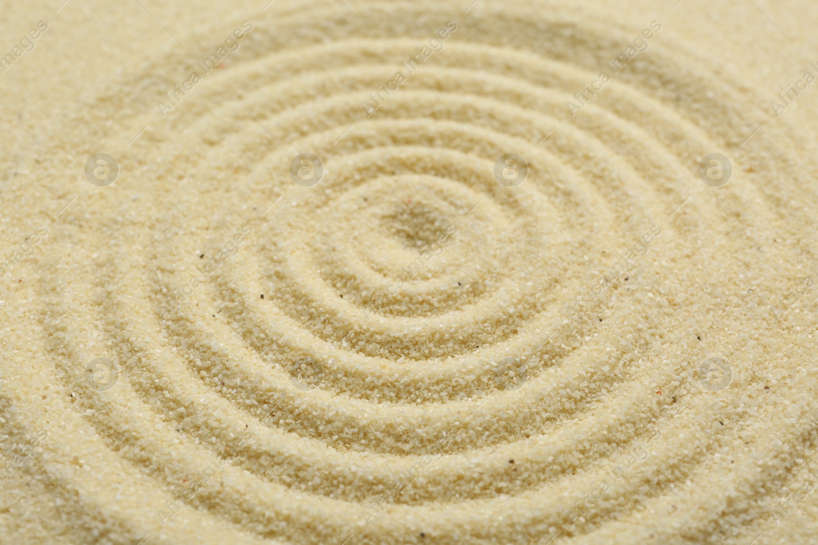 Photo of Zen rock garden. Circle pattern on beige sand, closeup
