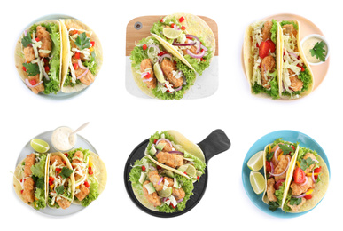 Image of Set of delicious fresh fish tacos on white background, top view