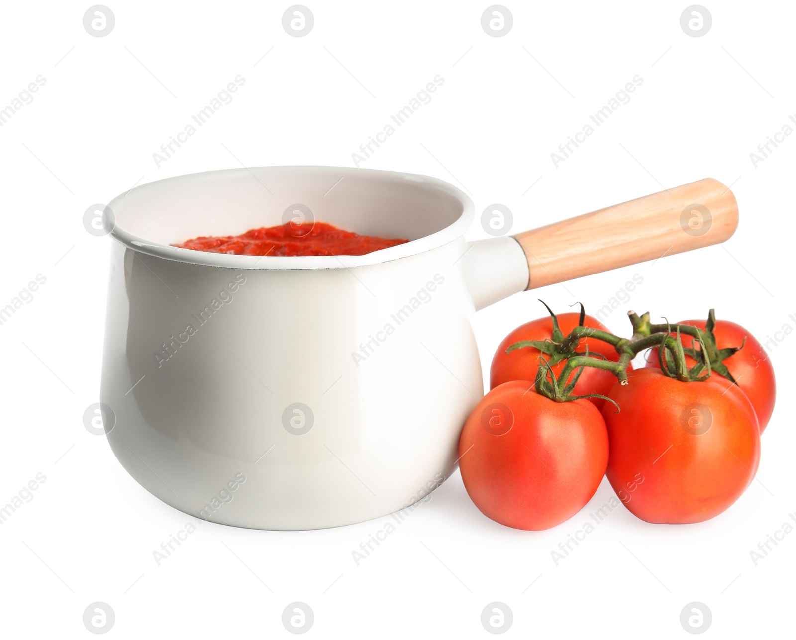 Photo of Delicious tomato sauce in pan isolated on white