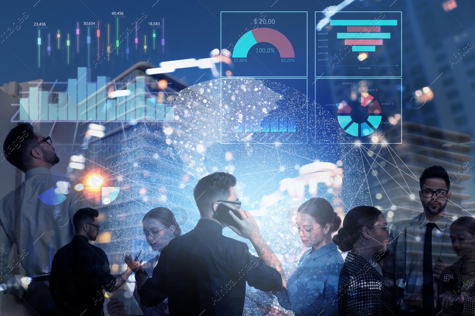 Image of Multiple exposure of scheme, cityscape and businesspeople. Fintech concept