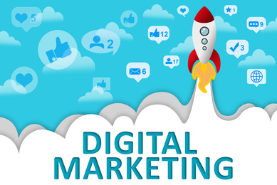 Illustration of Digital marketing strategy.  rocket and different icons on color background