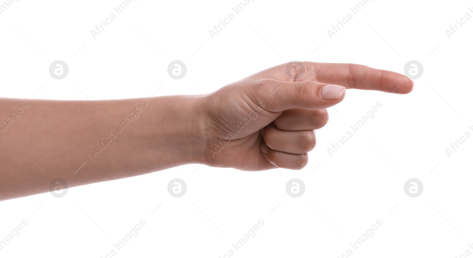 Photo of Woman pointing with index finger on white background, closeup