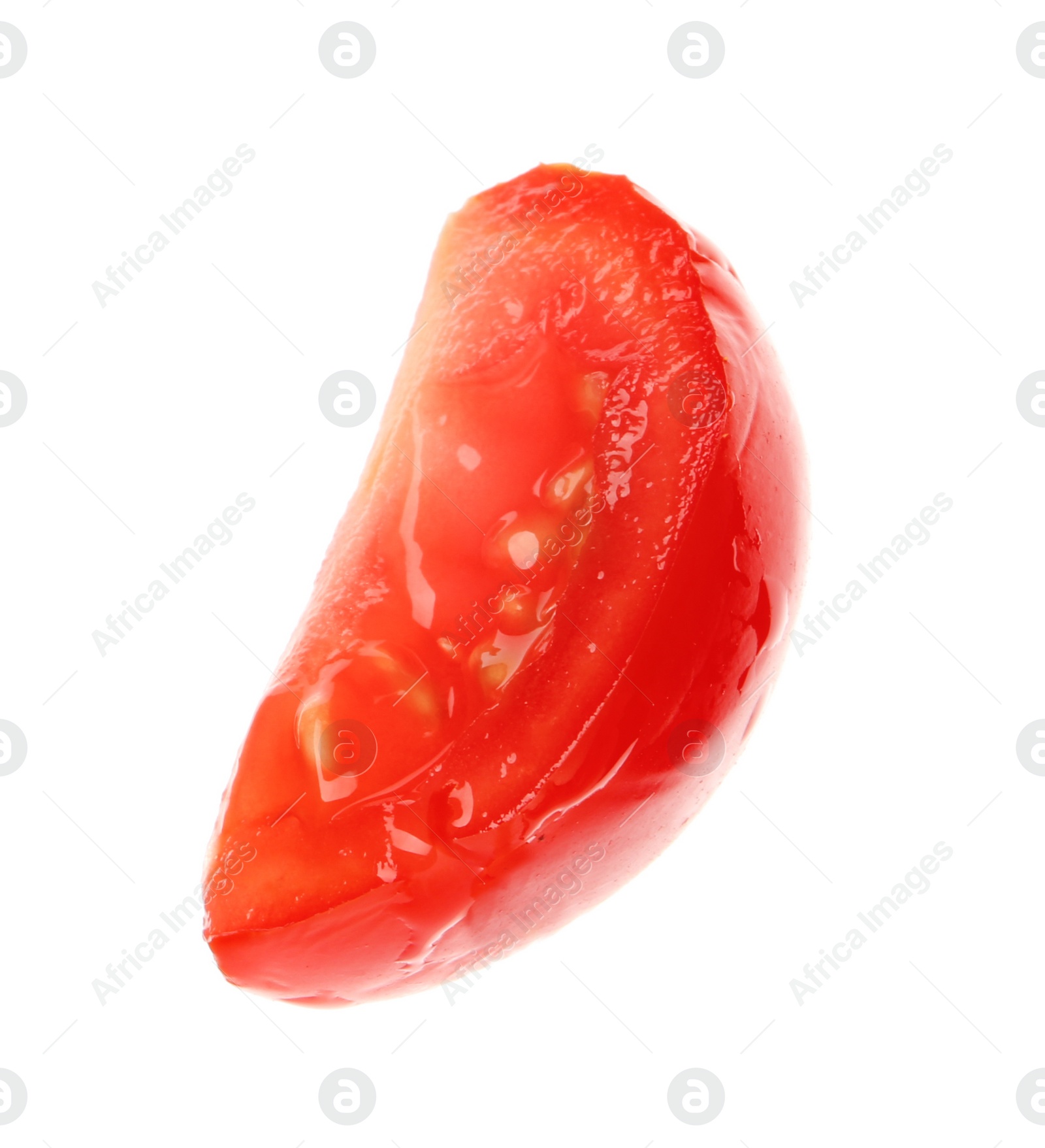 Photo of Slice of ripe tomato on white background