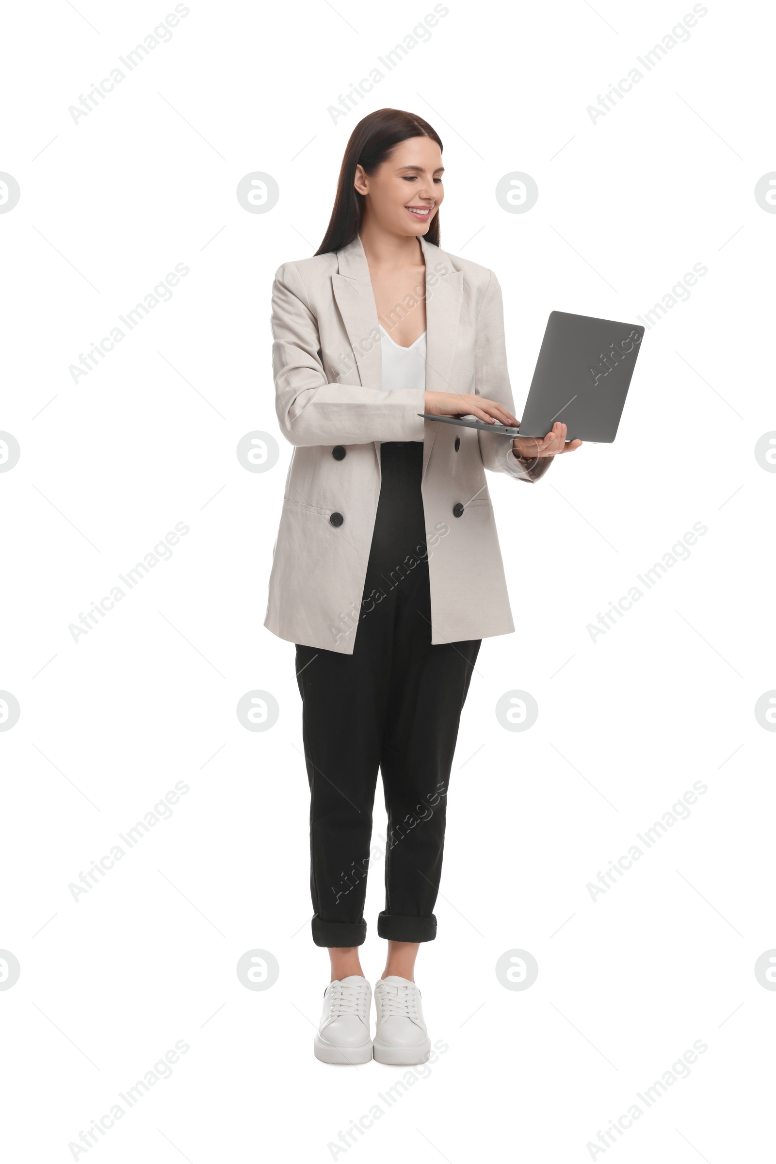 Photo of Beautiful businesswoman in suit with laptop on white background