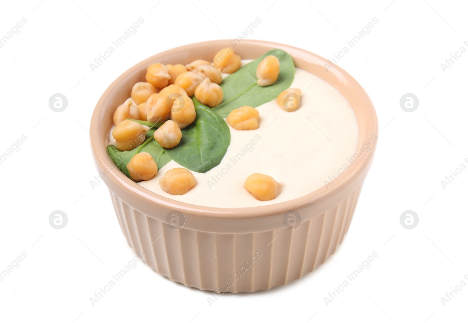 Photo of Tasty chickpea soup in bowl on white background