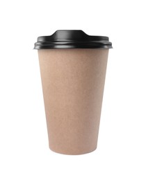 Paper cup with plastic lid isolated on white. Coffee to go