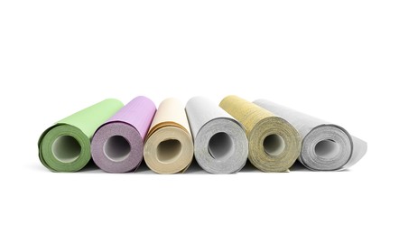 Image of Different colorful wallpaper rolls isolated on white