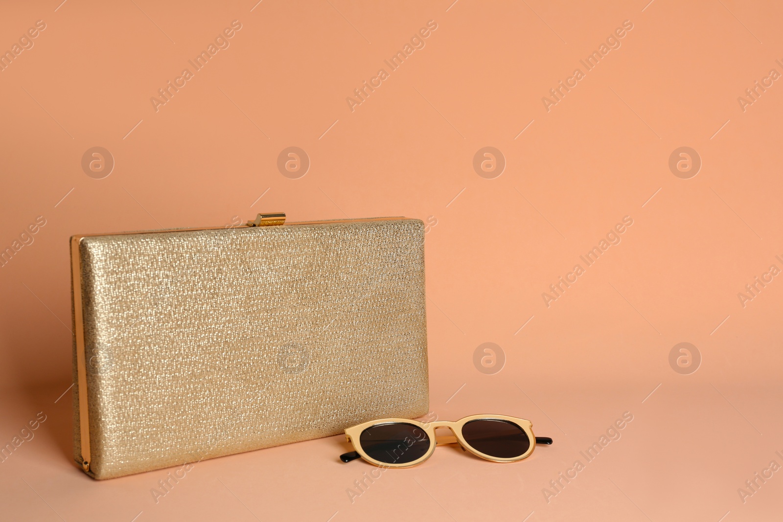 Photo of Stylish woman's bag and sunglasses on pale pink background. Space for text